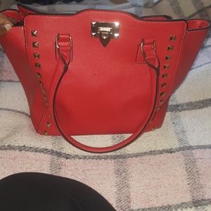 reddish/orange and gold studded tote